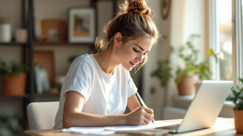 Frau fuellt am Schreibtisch Unterlagen aus, helle Wohnung in Neuss