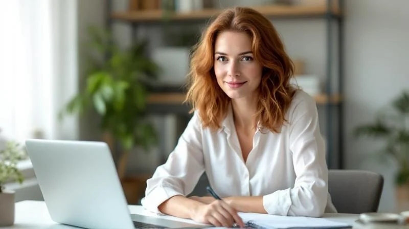 Frau absolviert Online-Fortbildung am Laptop in einem hellen Zimmer in Neuss