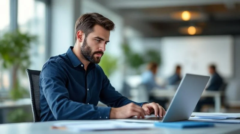 Mann mittleren Alters arbeitet konzentriert am Laptop in einem modernen Buero in Neuss