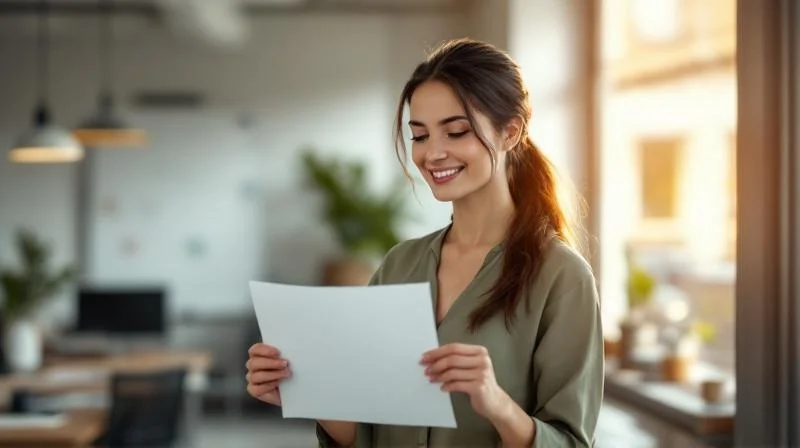 Frau haelt stolz ihr IHK-Zeugnis in der Hand, heller Raum