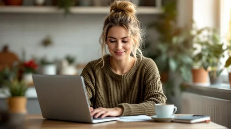 Frau lernt am Laptop in einem hellen Raum mit Blick auf die Neusser Innenstadt